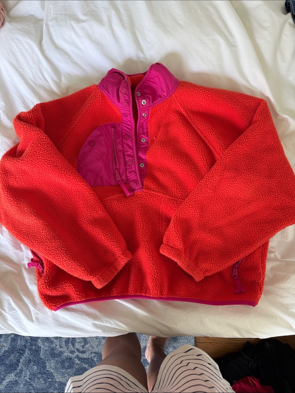 FP Movement by Free People Red Sherpa Pullover with Pink Trim and Pocket
